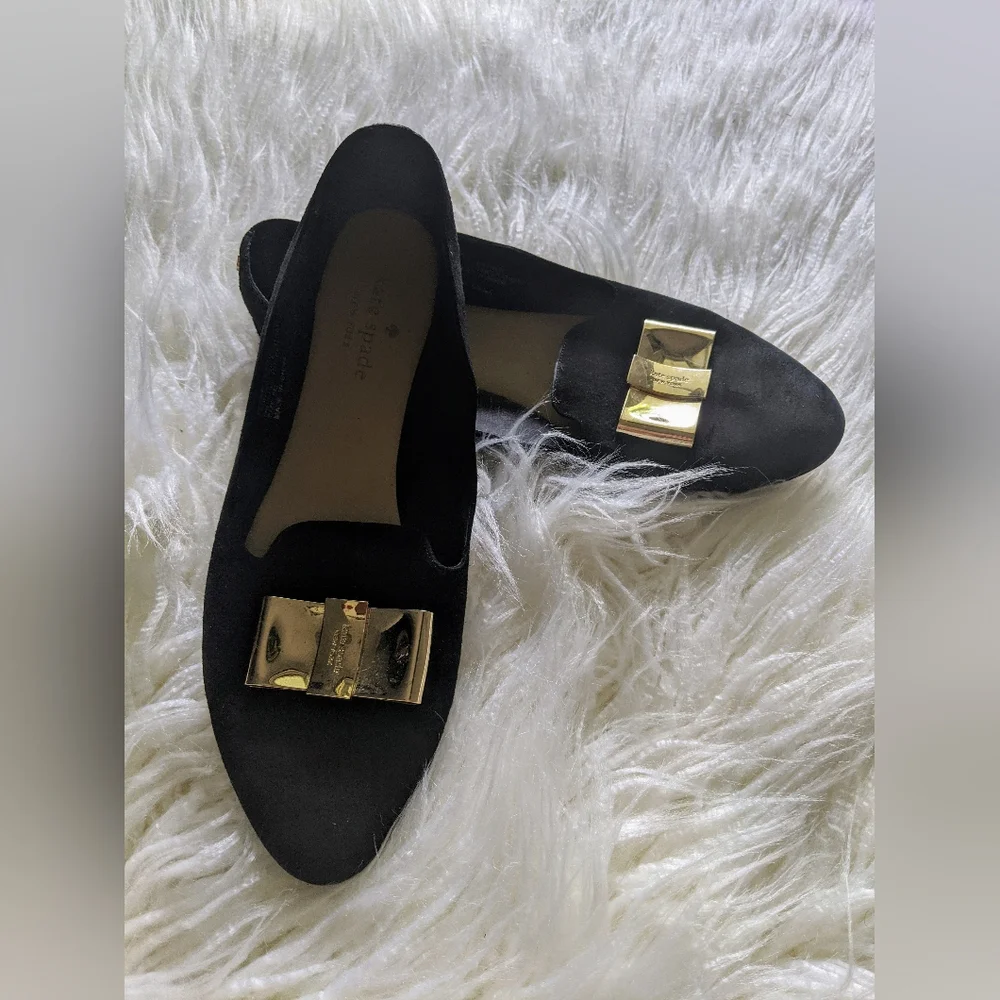 Kate Spade Silina Black Suede Gold Bow Flats size 8